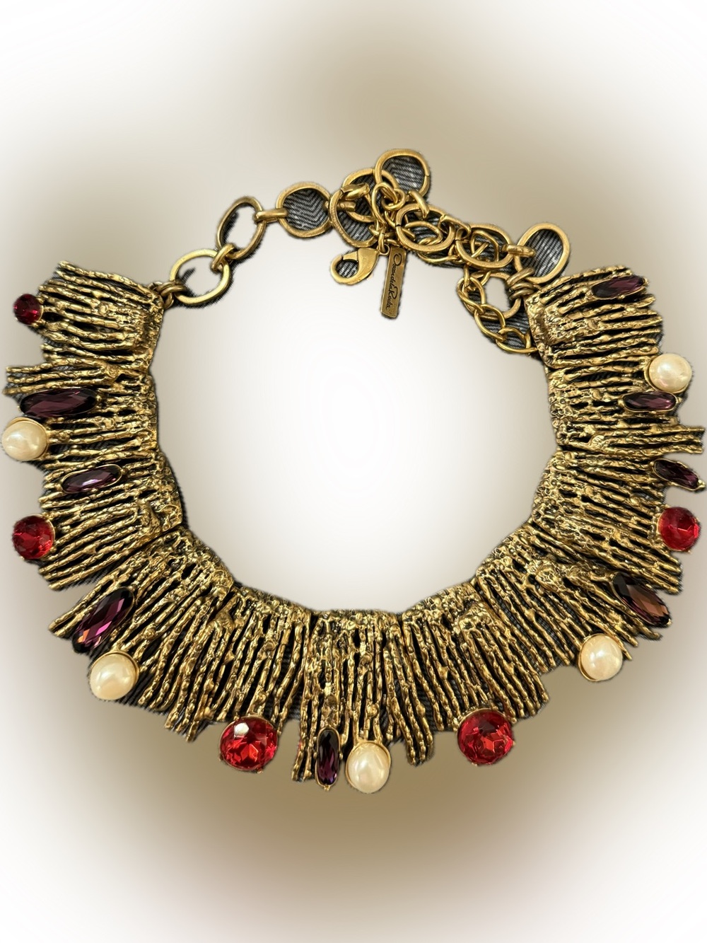 Oscar de la Renta Gold Textured Fringe Necklace with Pearl and Crystal Accents